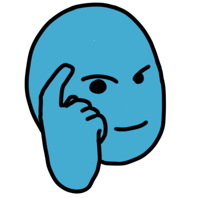 a blue hand with the forefinger tapping the forehead of a smug blue face